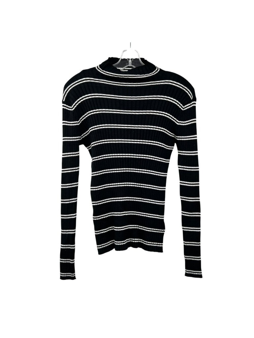 Nine West Womens Striped Sweater Mock Neck Long Sleeve Black/White Size Large